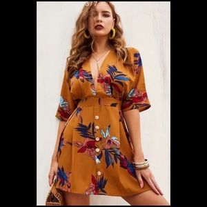 Shein Plunging Neck Tie Back Floral Dress